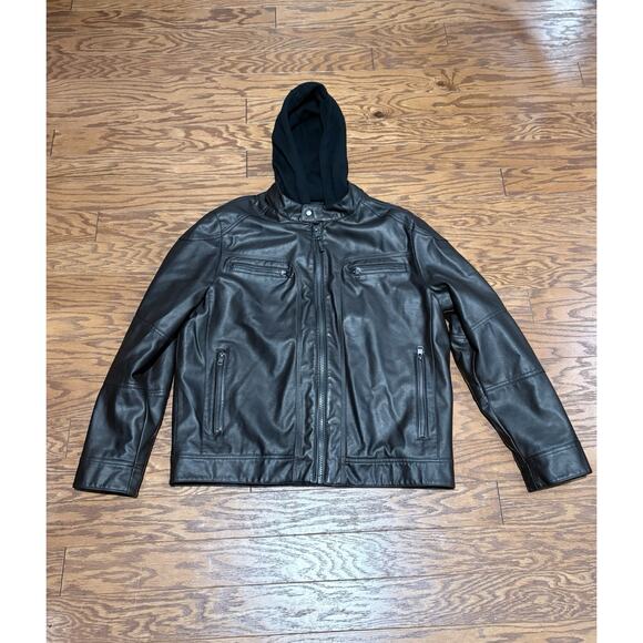 Calvin Klein Men's Dark Brown Faux Leather Jacket w/ Removable Hood, Size Large - Picture 1 of 8